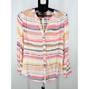 Zac & Rachel Womens Striped Button Down Blouse Pink Orange Yellow Size M